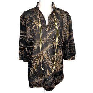 Vintage Black Gold Floral Blouse Added Dimensions Semi Sheer Top Medium